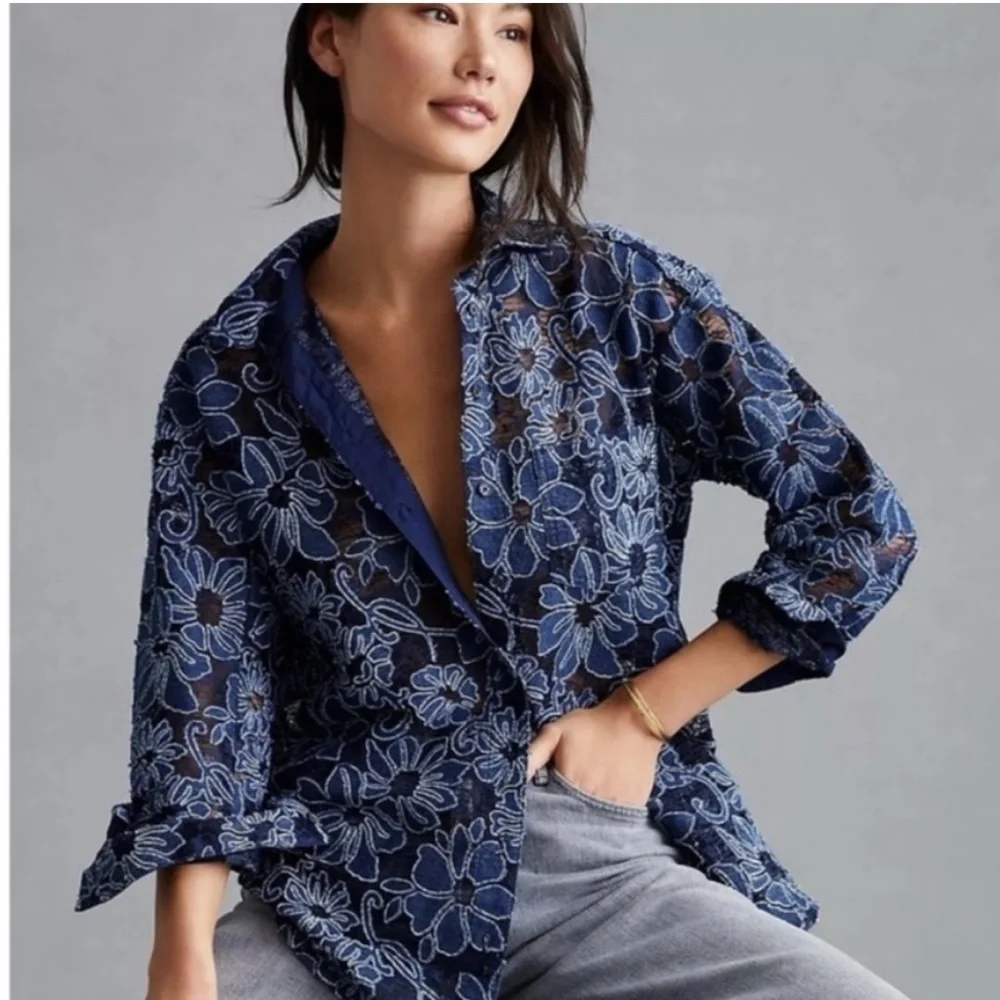 Pilcro Anthropologie Navy Blue Sheer Lace Button Down Shirt Size XS